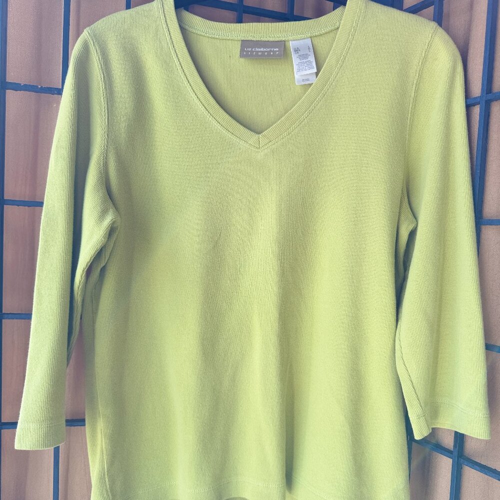 Liz Claiborne Lizwear Green Ribbed V-Neck Top Size Large Stretch Knit
